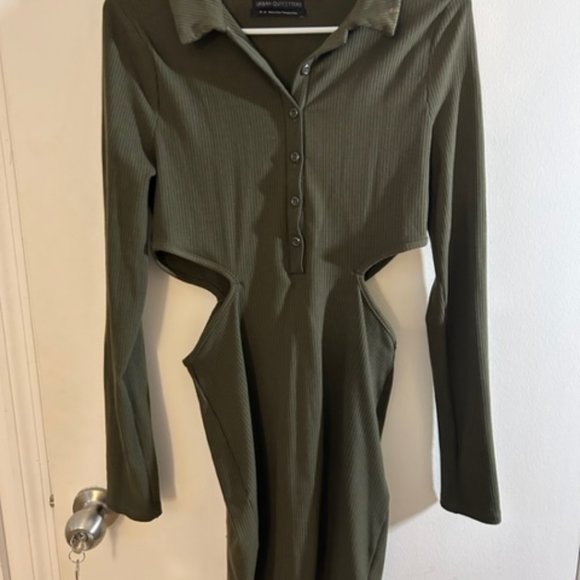 Urban Outfitters Gwen Olive Green Collared Long Sleeve Cutout Mini Dress - SizeM - Picture 4 of 6
